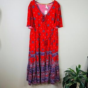 New AVEOLOGY Size 22/24 Zariah Maxi Midi Dress Red Purple Boho Floral Short Slvs